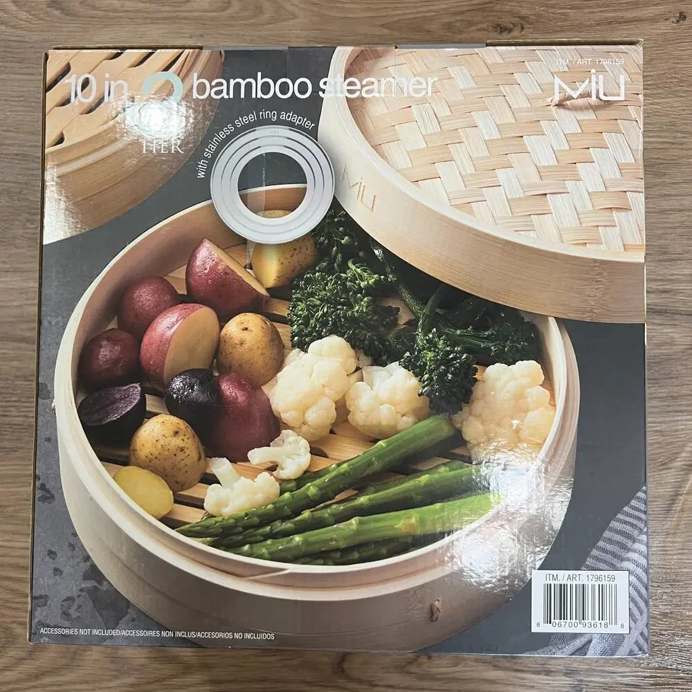 MIU Bamboo Steamer Basket 10 Inch 2 Tier Set Stainless Adapter